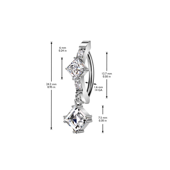 CZ diamond center and dangle belly ring in silver — 14G 316L surgical steel hinged navel clicker by Pressha
