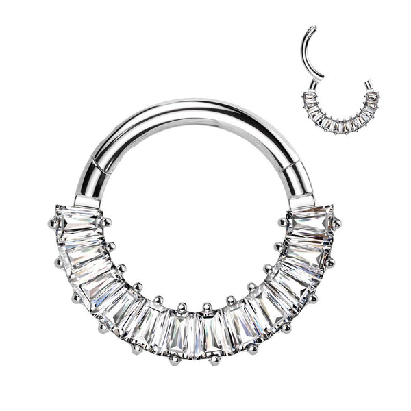 Implant-grade titanium hinged segment hoop with pavé baguette CZ front – Silver | Septum & daith | Pressha