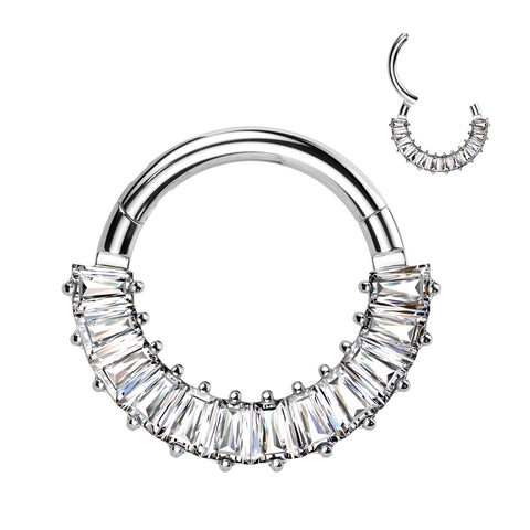 Implant-grade titanium hinged segment hoop with pavé baguette CZ front – Silver | Septum & daith | Pressha