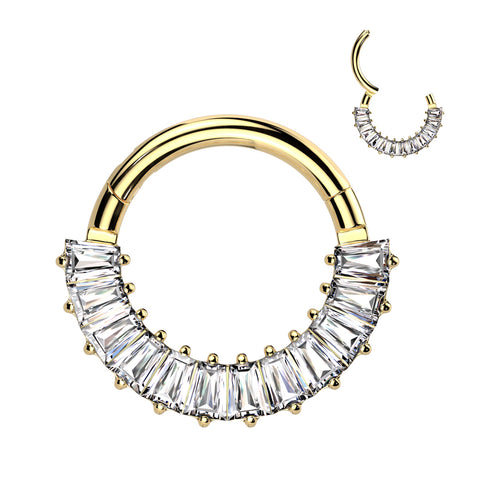 Implant-grade titanium hinged segment hoop with pavé baguette CZ front – Gold | Septum & daith | Pressha
