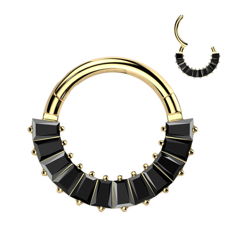 Implant-grade titanium hinged segment hoop with pavé baguette CZ front – Gold/Black | Septum & daith | Pressha