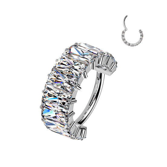 Wide hinged segment hoop ring with large baguette CZ in silver, 16G ASTM F-136 implant grade titanium conch and cartilage hoop