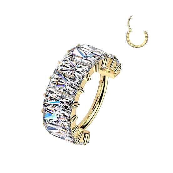 Wide hinged segment hoop ring with large baguette CZ in gold PVD, 16G ASTM F-136 implant grade titanium conch hoop