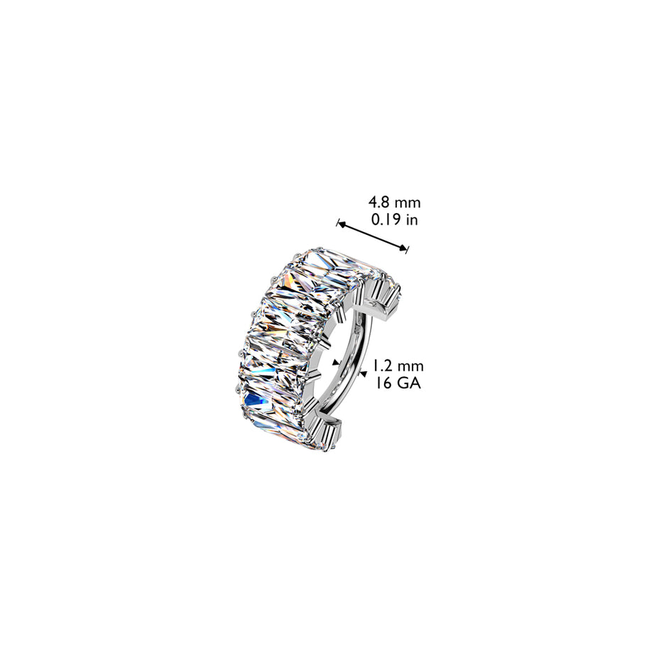 Close-up of large baguette CZ stones on wide hinged segment hoop, implant grade titanium cartilage ring