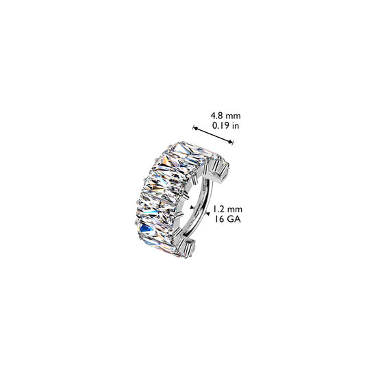 Close-up of large baguette CZ stones on wide hinged segment hoop, implant grade titanium cartilage ring