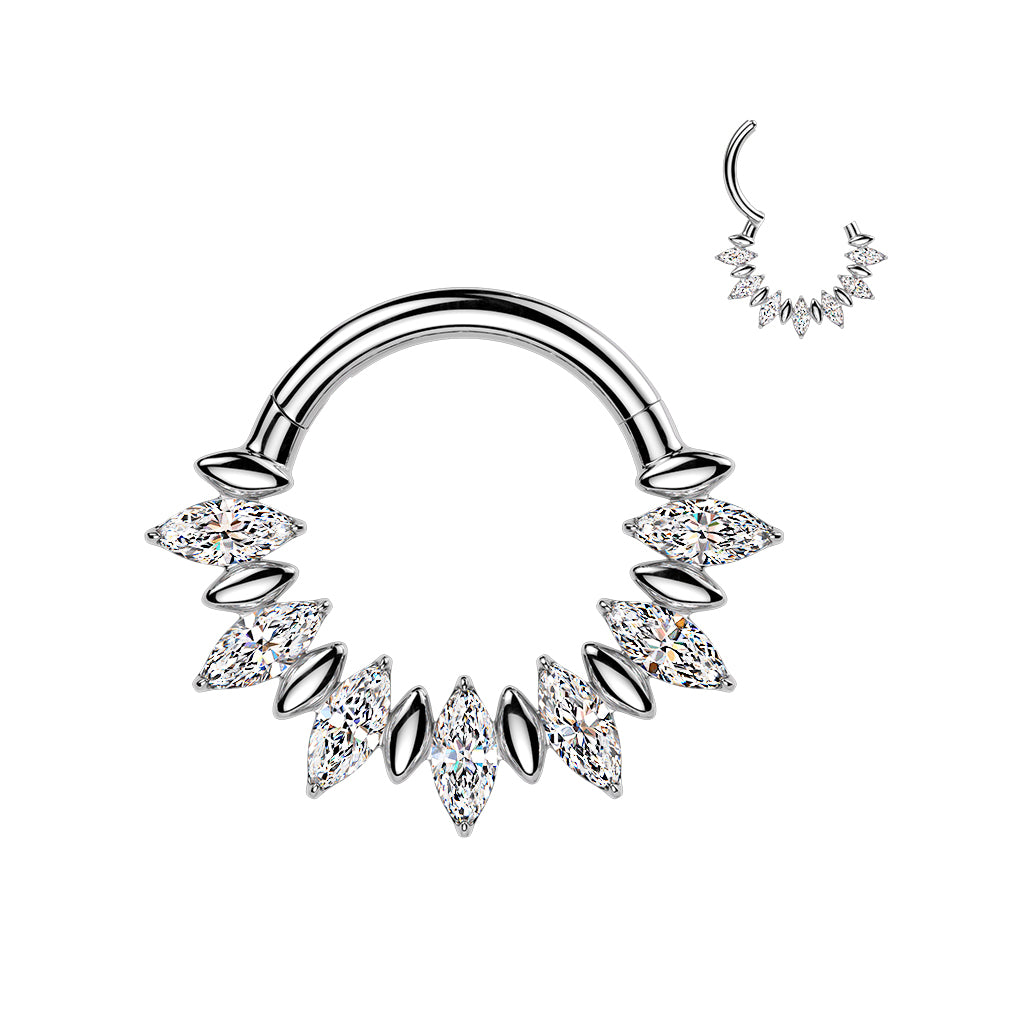 Implant-grade titanium hinged segment hoop with marquise CZ fan accent – Silver | Septum & daith | Pressha