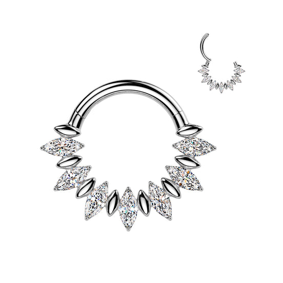 Implant-grade titanium hinged segment hoop with marquise CZ fan accent – Silver | Septum & daith | Pressha
