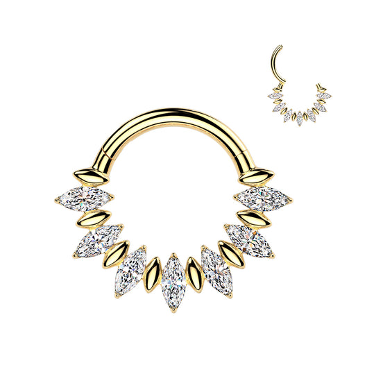 Implant-grade titanium hinged segment hoop with marquise CZ fan accent – Gold | Septum & daith | Pressha