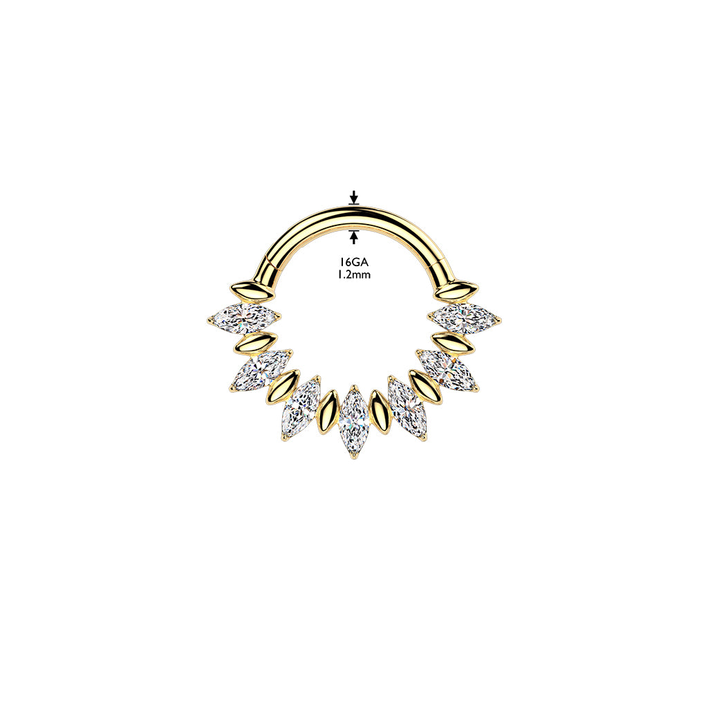 Implant-grade titanium marquise CZ fan hoop – lifestyle shot | Septum & daith | Pressha