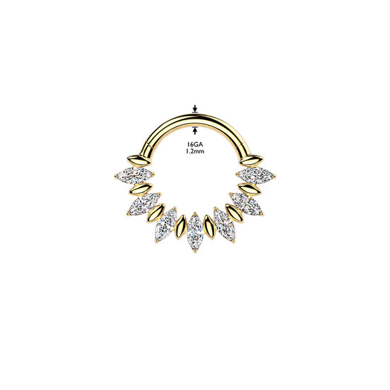 Marquise CZ Fan Septum & Daith Clicker Hoop close-up in gold PVD, ASTM F-136 implant grade titanium, 16G