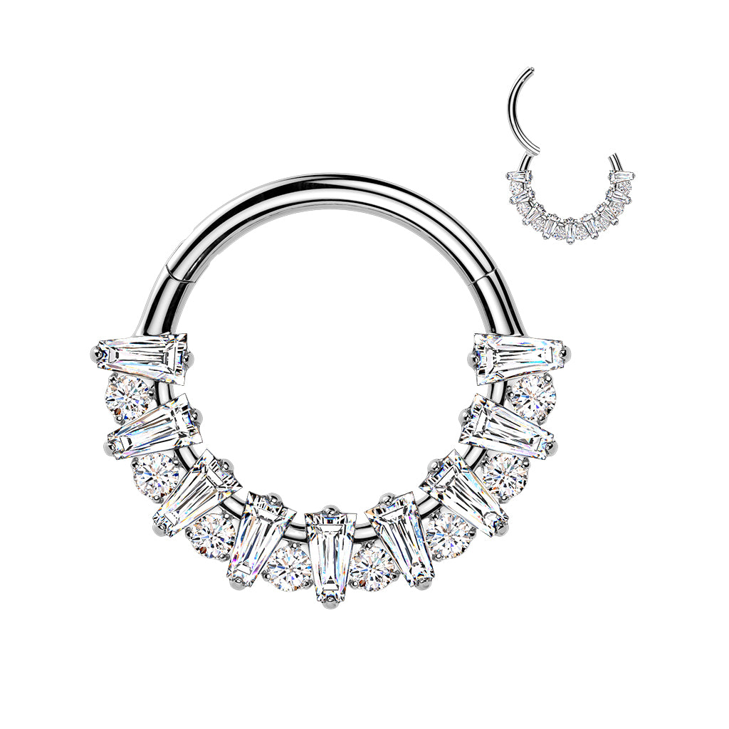 Implant-grade titanium rectangular CZ fan hinged hoop with round CZ accent – Silver | Septum & daith | Pressha