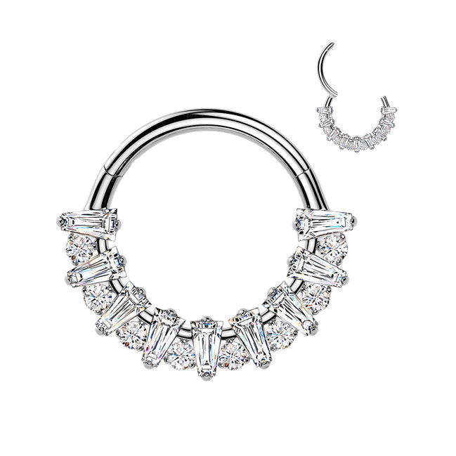 Implant-grade titanium rectangular CZ fan hinged hoop with round CZ accent – Silver | Septum & daith | Pressha