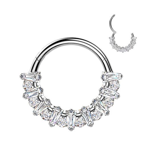Implant-grade titanium rectangular CZ fan hinged hoop with round CZ accent – Silver | Septum & daith | Pressha
