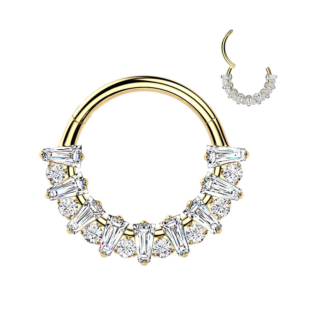 Implant-grade titanium rectangular CZ fan hinged hoop with round CZ accent – Gold | Septum & daith | Pressha