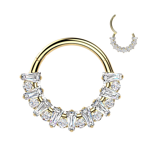 Implant-grade titanium rectangular CZ fan hinged hoop with round CZ accent – Gold | Septum & daith | Pressha