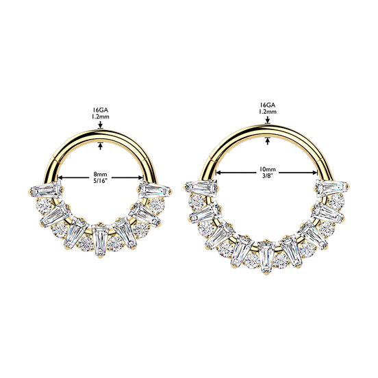 CZ Fan Septum & Daith Clicker Hoop size comparison in gold PVD, ASTM F-136 implant grade titanium, 16G