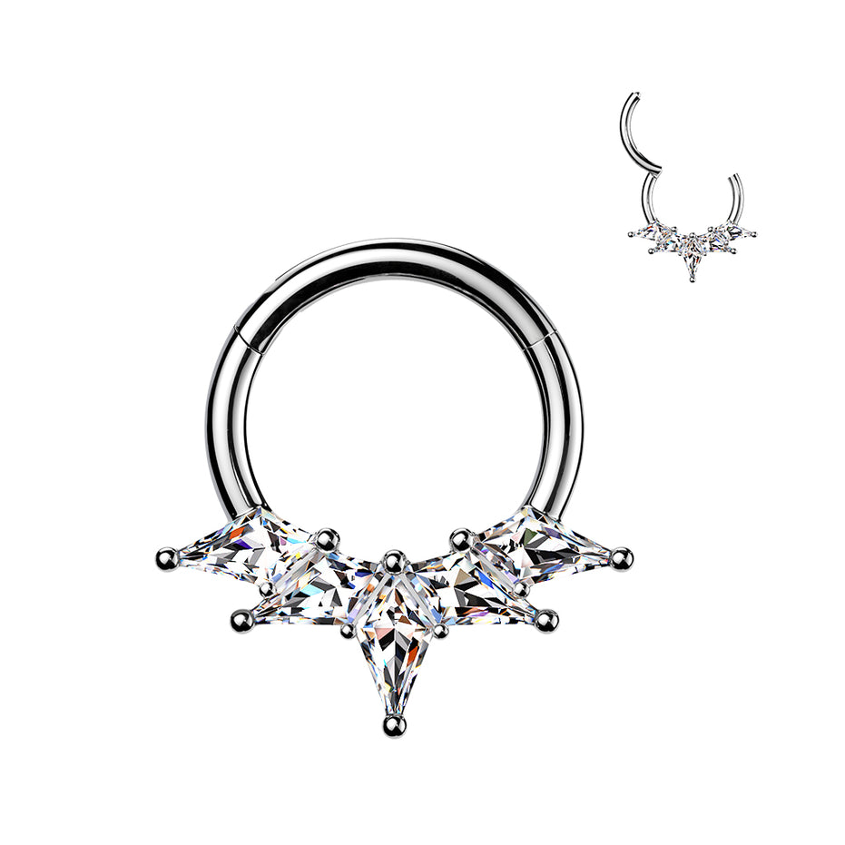Kite CZ Fan Septum & Daith Clicker Hoop in silver with clear CZ, ASTM F-136 titanium, 16G, 8mm
