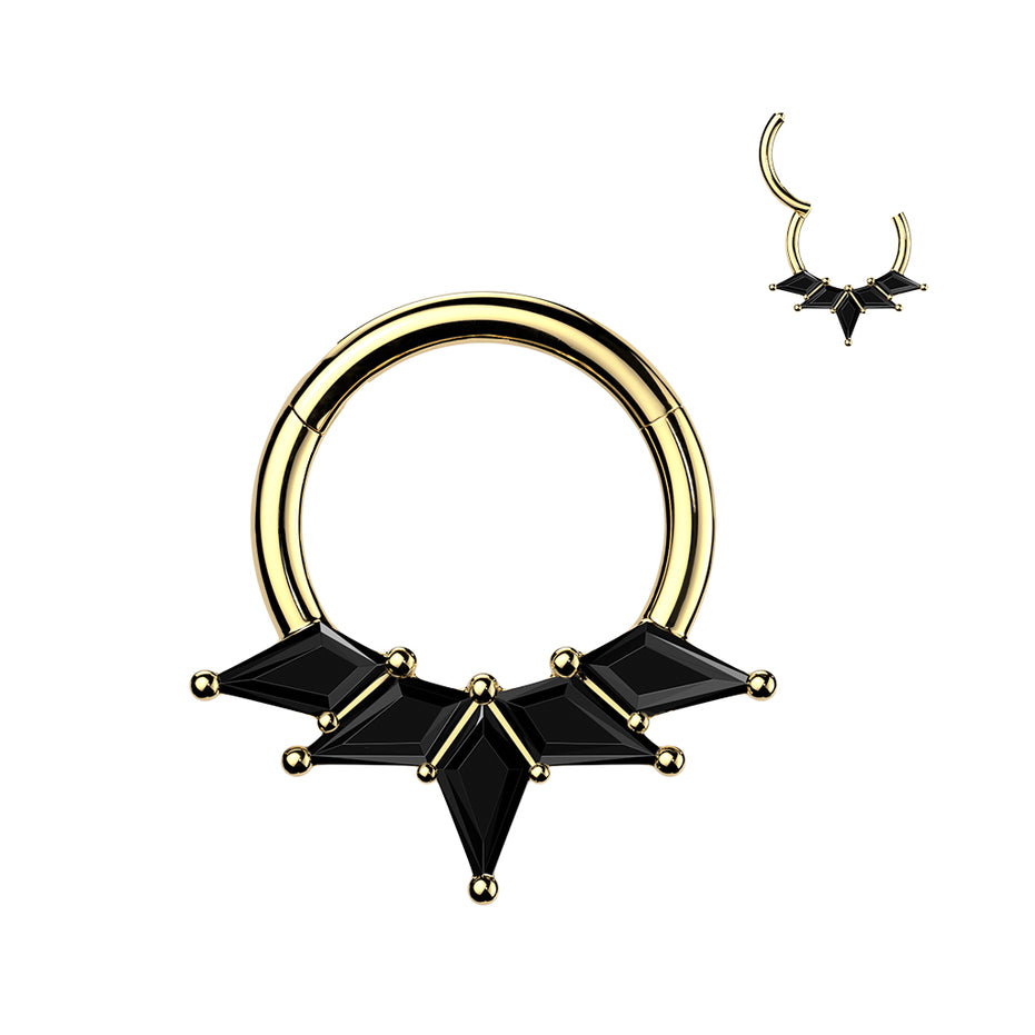 Kite CZ Fan Septum & Daith Clicker Hoop in gold PVD with black CZ, ASTM F-136 titanium, 16G, 8mm