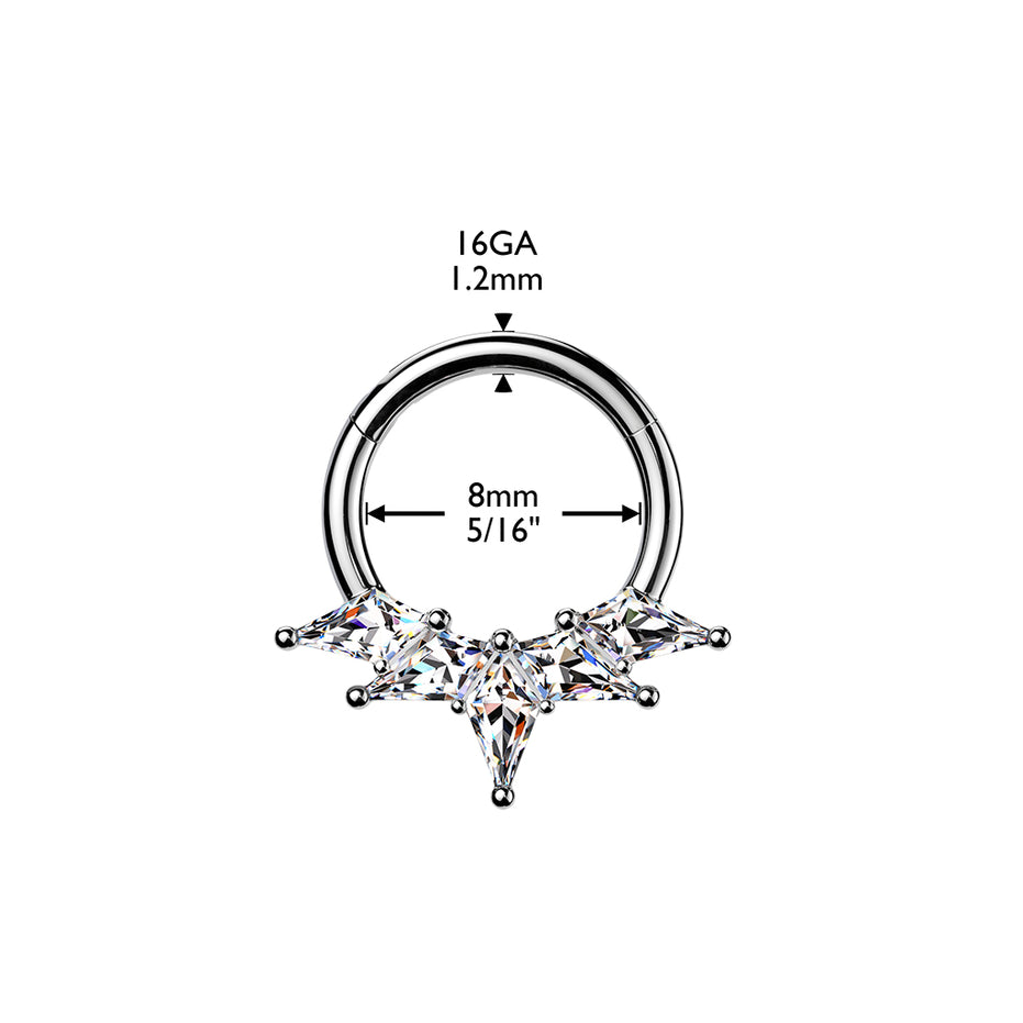 Kite CZ Fan Septum & Daith Clicker Hoop close-up in silver with clear CZ, ASTM F-136 titanium, 16G