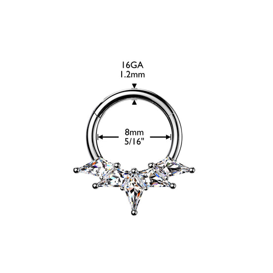 Kite CZ Fan Septum & Daith Clicker Hoop close-up in silver with clear CZ, ASTM F-136 titanium, 16G