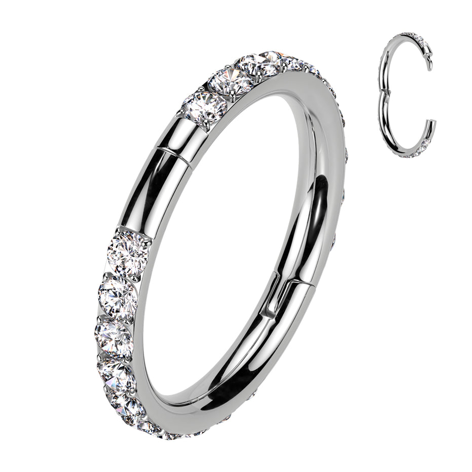 CZ Hinged Segment Clicker Hoop in silver, implant grade titanium, 18G nose ring