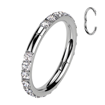 CZ Hinged Segment Clicker Hoop in silver, implant grade titanium, 18G nose ring