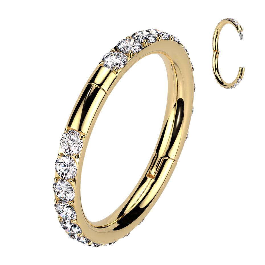 CZ Hinged Segment Clicker Hoop in gold, implant grade titanium, 18G nose ring