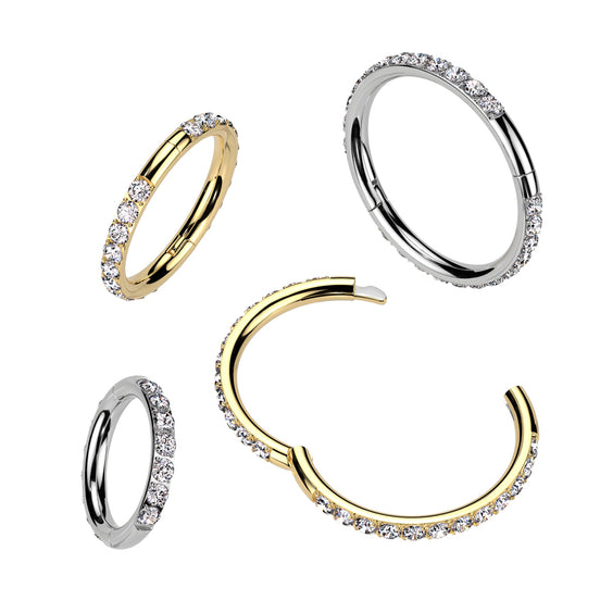 CZ Hinged Segment Clicker Hoop size comparison, silver and gold, implant grade titanium, 18G