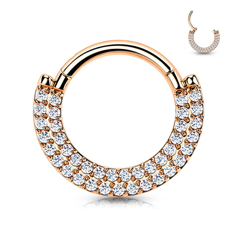 Implant-grade titanium hinged segment hoop with CNC-set double lined CZ pavé front – Rose Gold | Septum & daith | Pressha