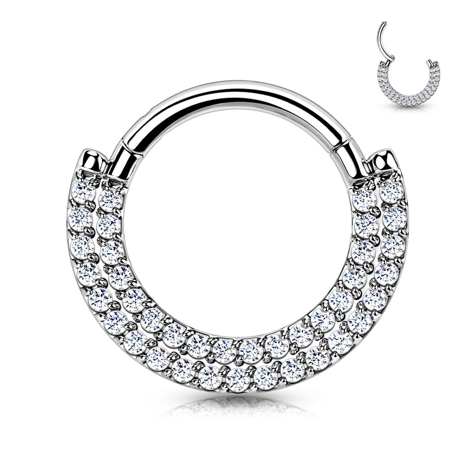 Double Row CZ Pavé Septum & Daith Clicker Hoop in silver, ASTM F-136 titanium, 16G, 8mm