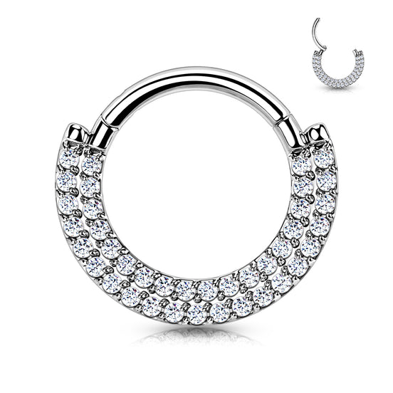 Implant-grade titanium hinged segment hoop with CNC-set double lined CZ pavé front – Silver | Septum & daith | Pressha