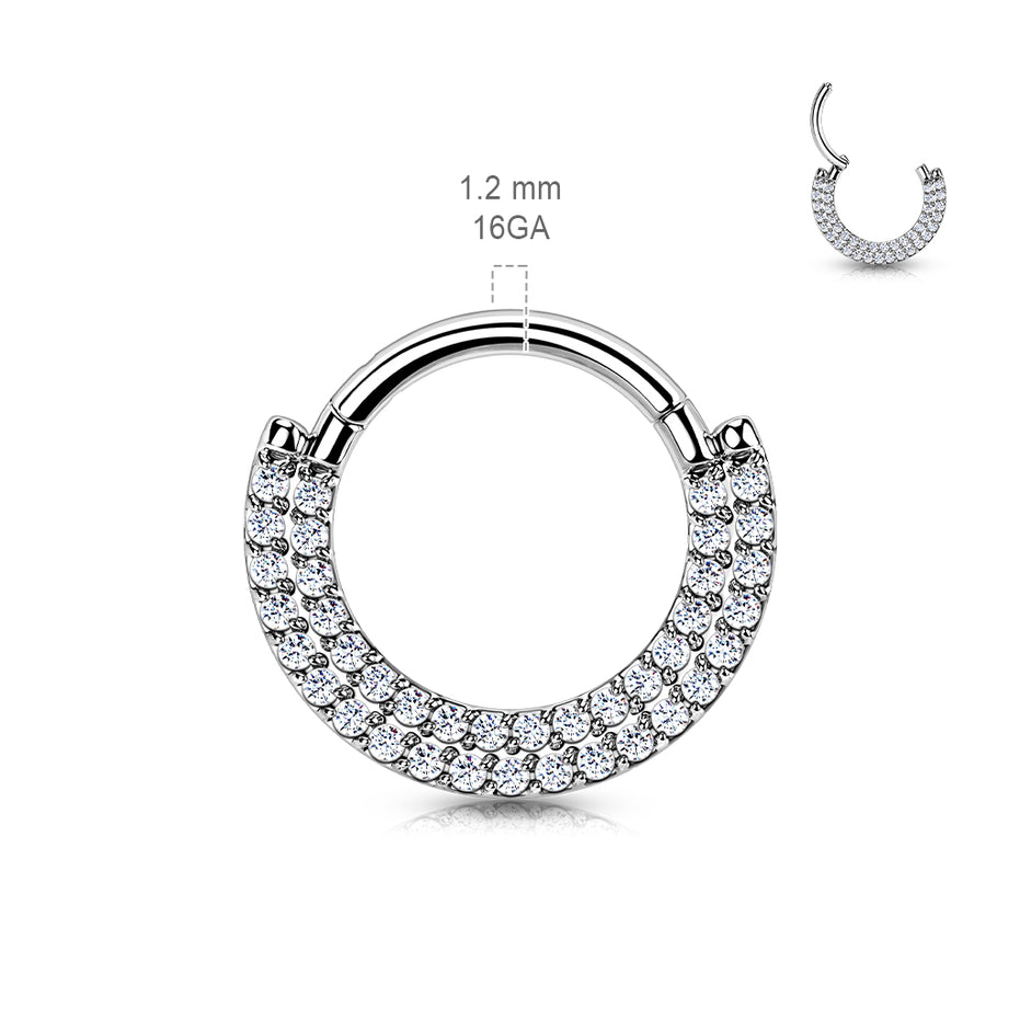 Double Row CZ Pavé Septum & Daith Clicker Hoop close-up in silver, ASTM F-136 titanium, 16G, 8mm