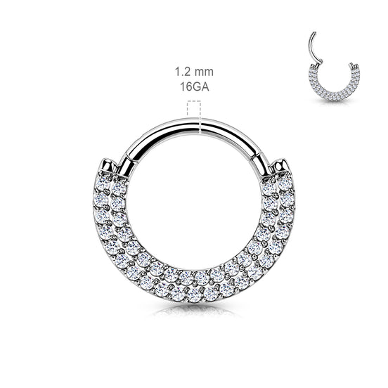 Double Row CZ Pavé Septum & Daith Clicker Hoop close-up in silver, ASTM F-136 titanium, 16G, 8mm