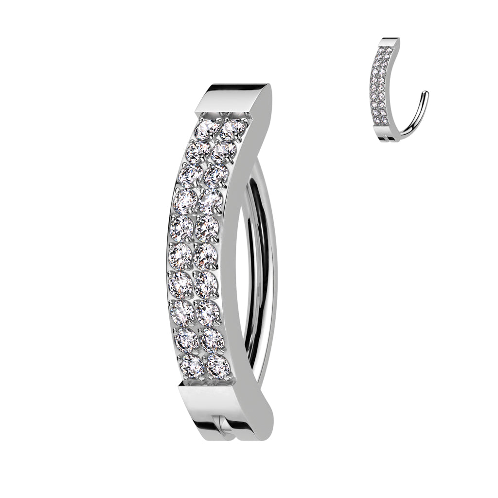 Implant-grade titanium double line CZ pavé hinged hoop belly ring – Silver | Pressha