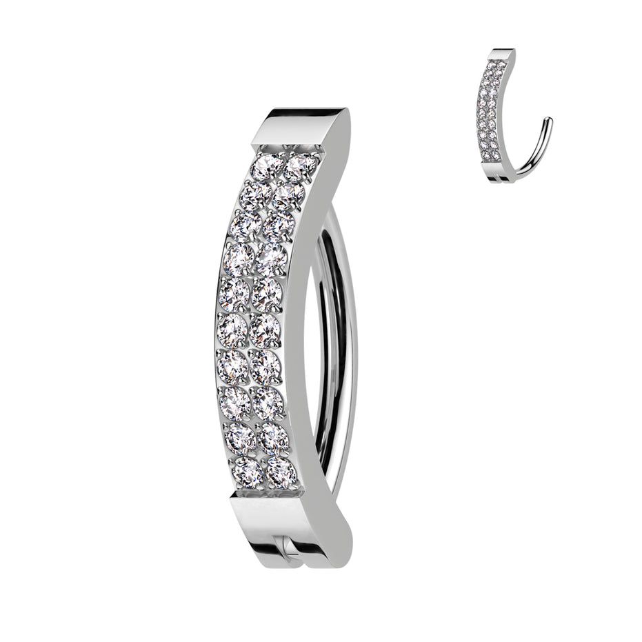 CZ pavé hinged hoop belly ring in silver side view — 14G ASTM F-136 implant-grade titanium navel clicker by Pressha
