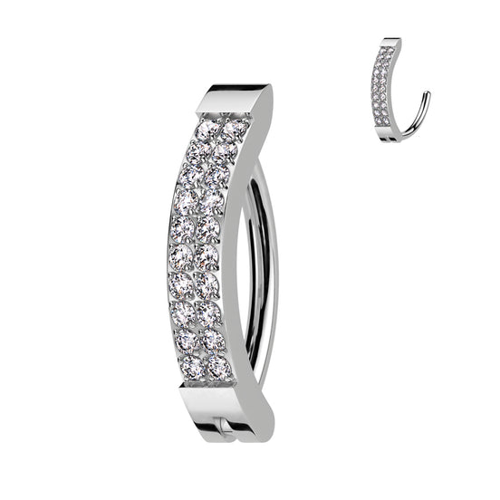 Implant-grade titanium double line CZ pavé hinged hoop belly ring – Silver | Pressha