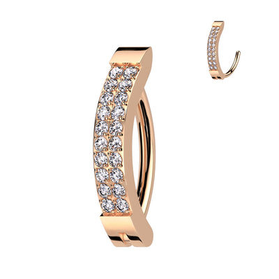 CZ pavé hinged hoop belly ring in rose gold — 14G ASTM F-136 implant-grade titanium navel clicker by Pressha
