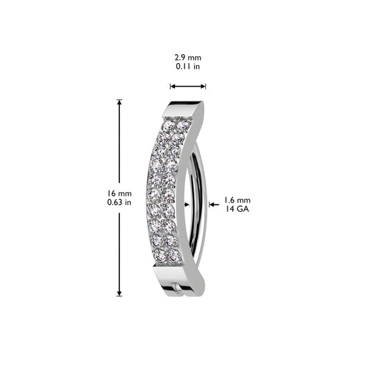 CZ pavé hinged hoop belly ring sizing diagram — 14G ASTM F-136 implant-grade titanium navel clicker by Pressha
