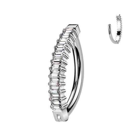 Vertical baguette CZ navel clicker hoop in silver with clear CZ — 14G ASTM F-136 implant-grade titanium belly ring by Pressha
