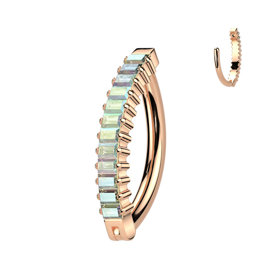 Vertical baguette CZ navel clicker hoop in rose gold with aurora borealis opal CZ — 14G ASTM F-136 implant-grade titanium belly ring by Pressha

