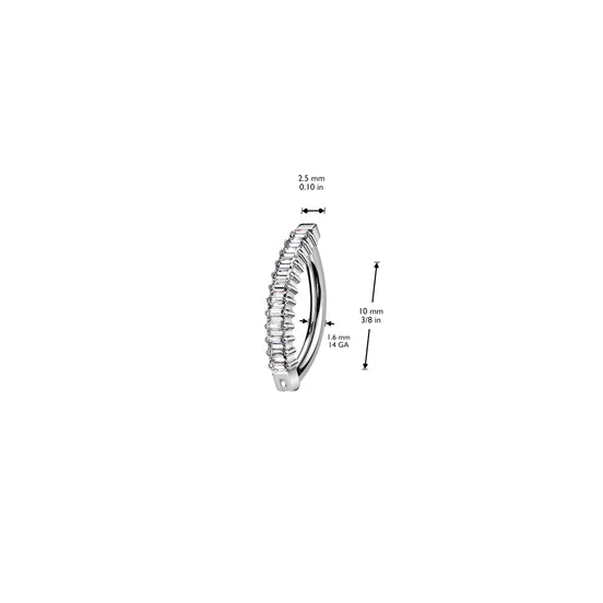 Vertical baguette CZ navel clicker hoop side profile view — 14G ASTM F-136 implant-grade titanium belly ring by Pressha
