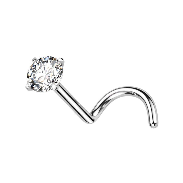 Prong Set CZ Nose Screw Stud in silver with clear CZ, ASTM F-136 implant grade titanium, 18G/20G