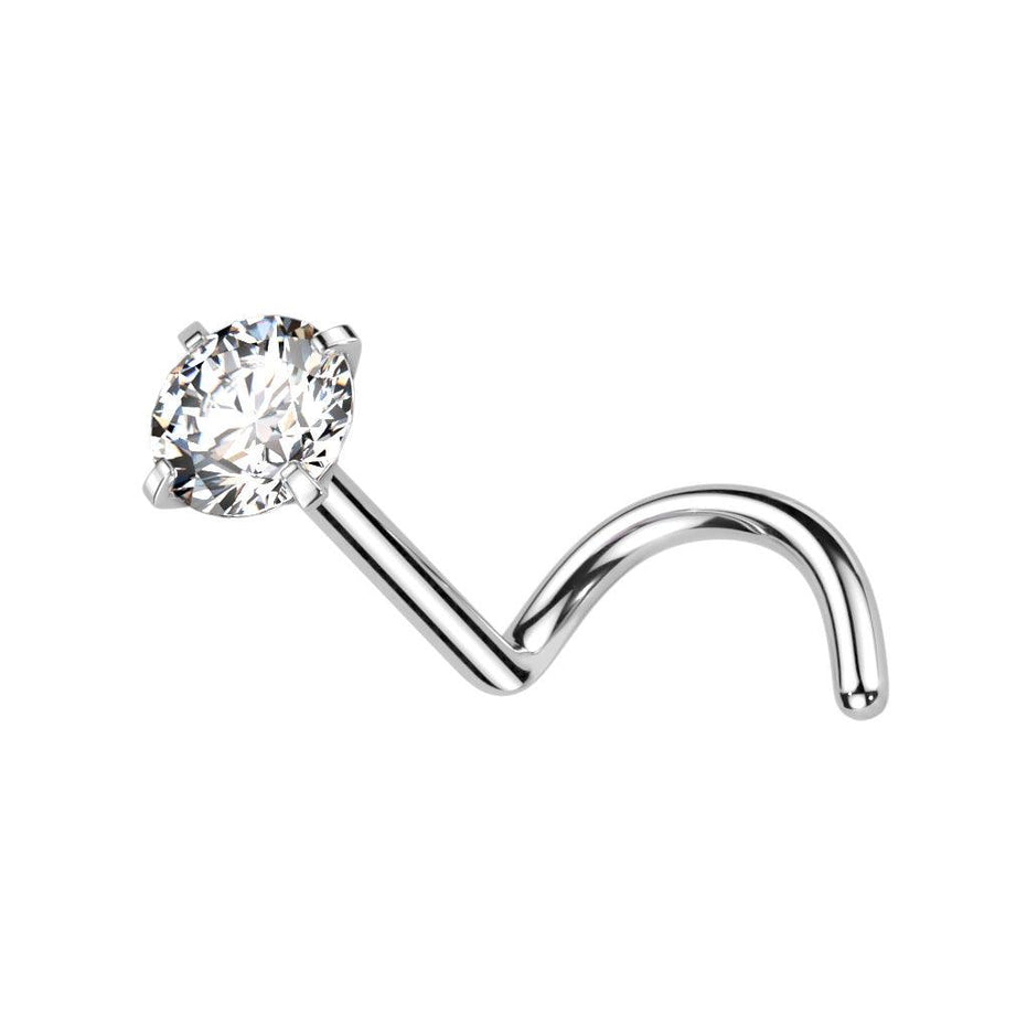 Prong Set CZ Nose Screw Stud in silver with clear CZ, ASTM F-136 implant grade titanium, 18G/20G