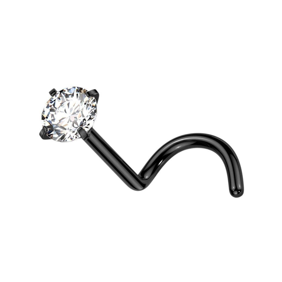 Prong Set CZ Nose Screw Stud in black with clear CZ, ASTM F-136 implant grade titanium, 18G/20G