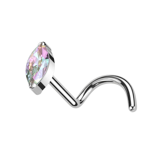Marquise CZ Implant Grade Titanium Nose Screw Stud in silver, aurora borealis CZ, 18G/20G