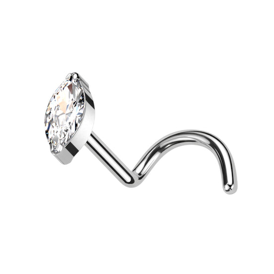 Marquise CZ Implant Grade Titanium Nose Screw Stud in silver, clear CZ, 18G/20G