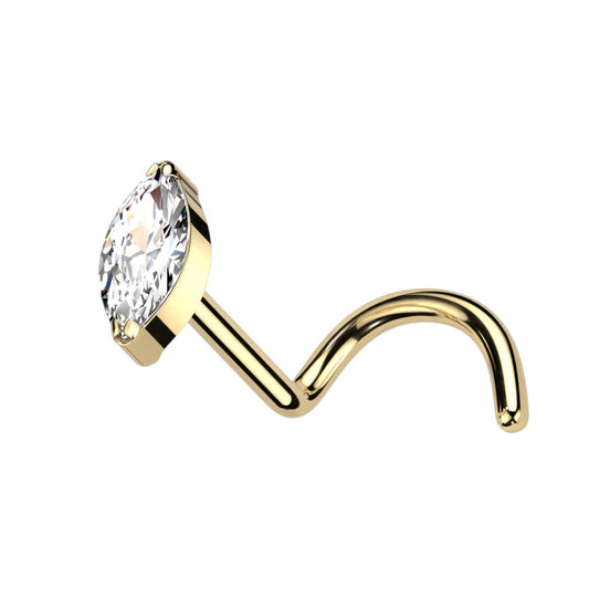 Marquise CZ Implant Grade Titanium Nose Screw Stud in gold, clear CZ, 18G/20G