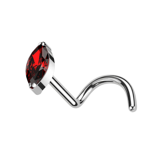 Marquise CZ Implant Grade Titanium Nose Screw Stud in silver, red CZ, 18G/20G