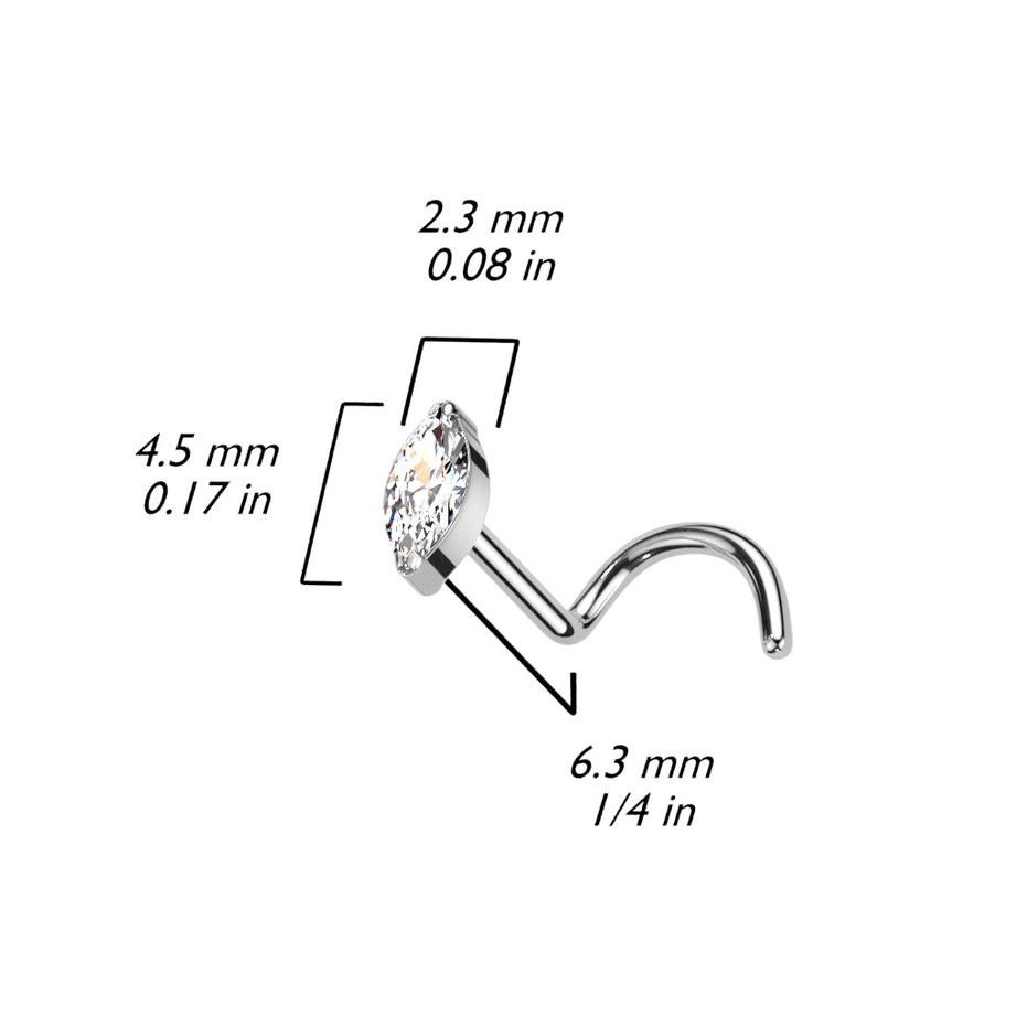 Marquise CZ Nose Screw Stud sizing chart, 18G and 20G implant grade titanium