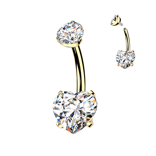 Implant-Grade Titanium 24K Gold PVD Internally Threaded Prong-Set Heart CZ Navel Ring
